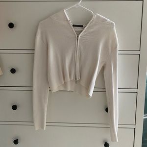 Brandy Melville Cropped Ribbed Zip Up Jacket in White